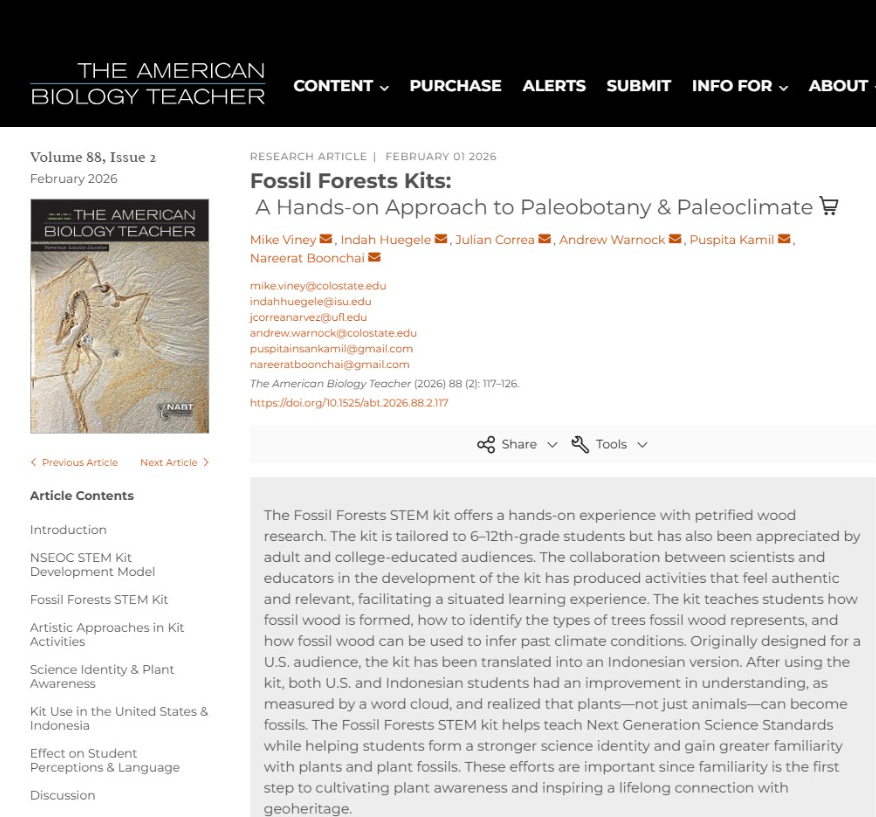 fossilforests's tweet photo. New paper alert! 📄🪵🌍
Our Fossil Forests STEM Kit paper is out in The American Biology Teacher:
Fossil Forests Kits: A Hands-on Approach to Paleobotany &amp; Paleoclimate
(US–Indonesia collaboration)

https://t.co/S4UGAOW0Fw https://t.co/eHsHsEuKOu