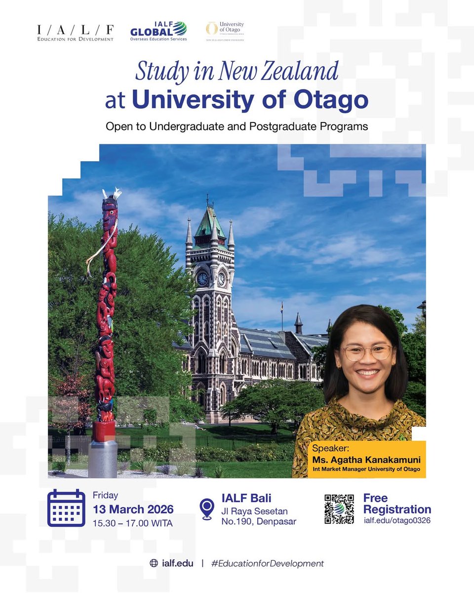 Study at University of Otago, the top 1% university from New Zealand! 🇳🇿

Join our Info Session and learn more about University of Otago with official university representative!

📅 Friday, 13 March 2026
🕓 15.30 - 17.00 WITA
📍 IALF Bali, Jl. Raya Sesetan No. 190 Denpasar