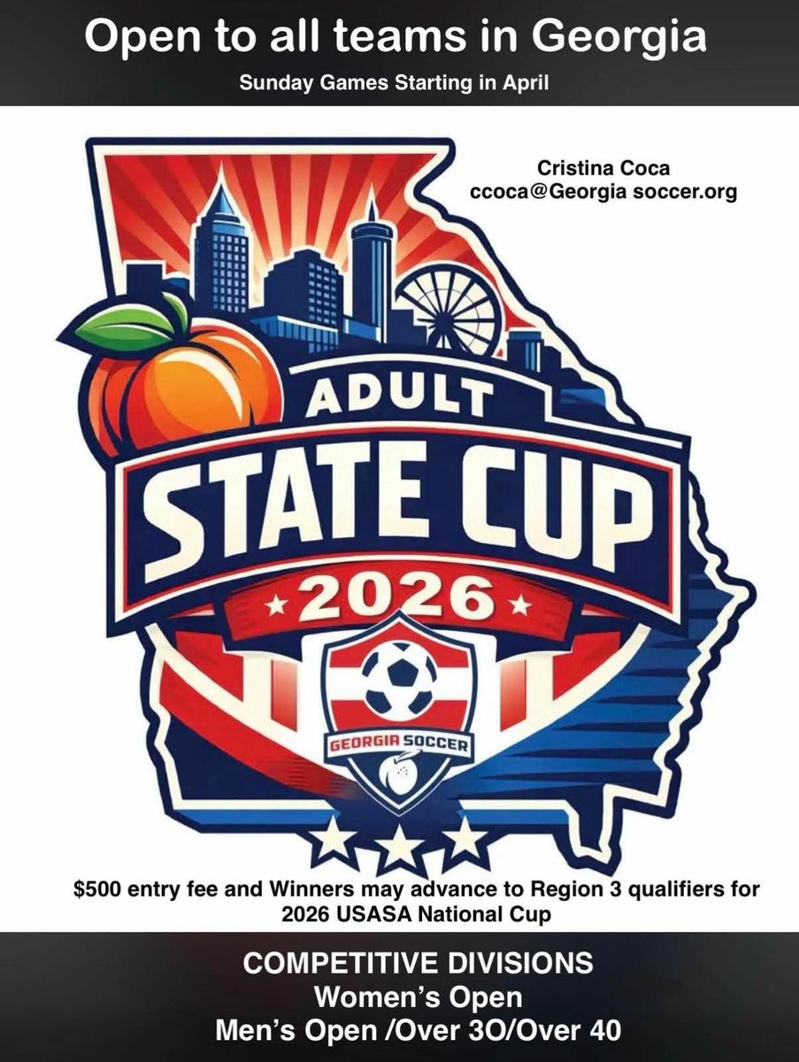 AtlantaSocNews's tweet image. Georgia Soccer Kicks Off the 2026 Adult State Cup

Georgia Soccer has officially set the stage for the 2026 Adult State Cup! From Men's Open to Over 40s, the best in the state are headed to Peachtree City this May. 

#gasoccer #statecup #USOpenCup #sundayleague