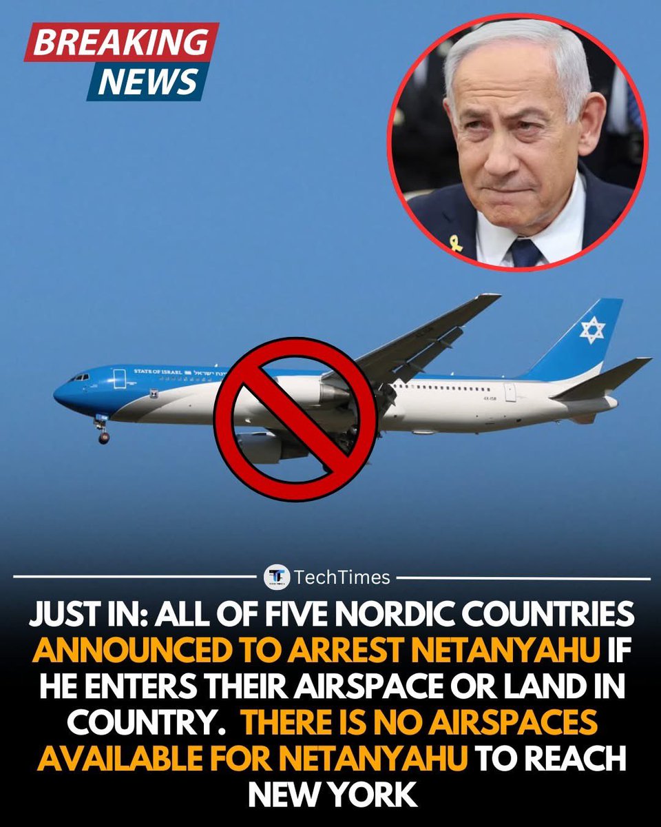 Breaking News 📰: All 5 Nordic countries, Denmark, Finland, Iceland, Norway, Sweden, say they’ll ARREST Israeli PM Netanyahu if he steps in their land or airspace!

No more flights to New York for him, trans-Atlantic paths blocked.
This is HUGE isolation amid Middle East chaos.
