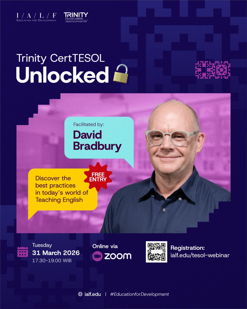 🔓 Trinity CertTESOL Unlocked - Join our FREE live webinar and discover the best practices in today’s world of English language teaching—straight from the experts at IALF. Mark the date!

🗓 Tuesday, 31 March 2026
⏰ 17.30 – 19.00 WIB
📍 Online via Zoom