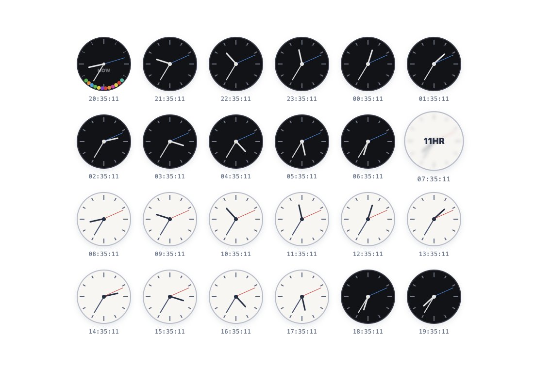 dotunfolded's tweet photo. For those whose bodies are still confused by Daylight Saving Time, I built a wall of clocks that shows when it will get bright or dark at your location and how much time remains between now and a chosen time in the future. https://t.co/S5spbRQVFn https://t.co/TsCBPZ8Isf