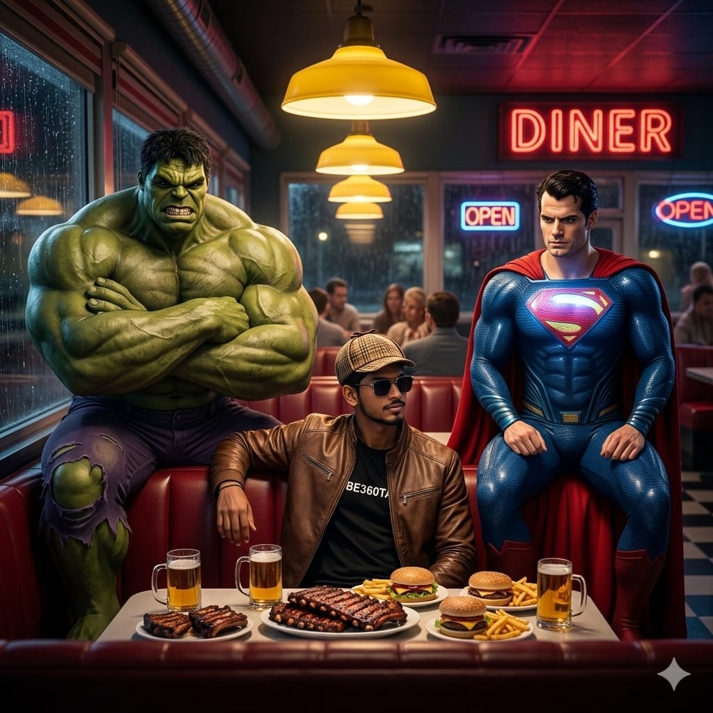 Vibe360Tamil's tweet photo. The ultimate crossover nobody expected. Keeping the peace (and the burgers) safe. ⚡️🧤"

#MarvelVSdc #Hulk #Superman #EpicCrossover #SuperheroLife #DinerVibes #Avengers #JusticeLeague #AIArt #Multiverse #DinnerWithLegends #StayStrong #Superfans https://t.co/AekHjSrCNu