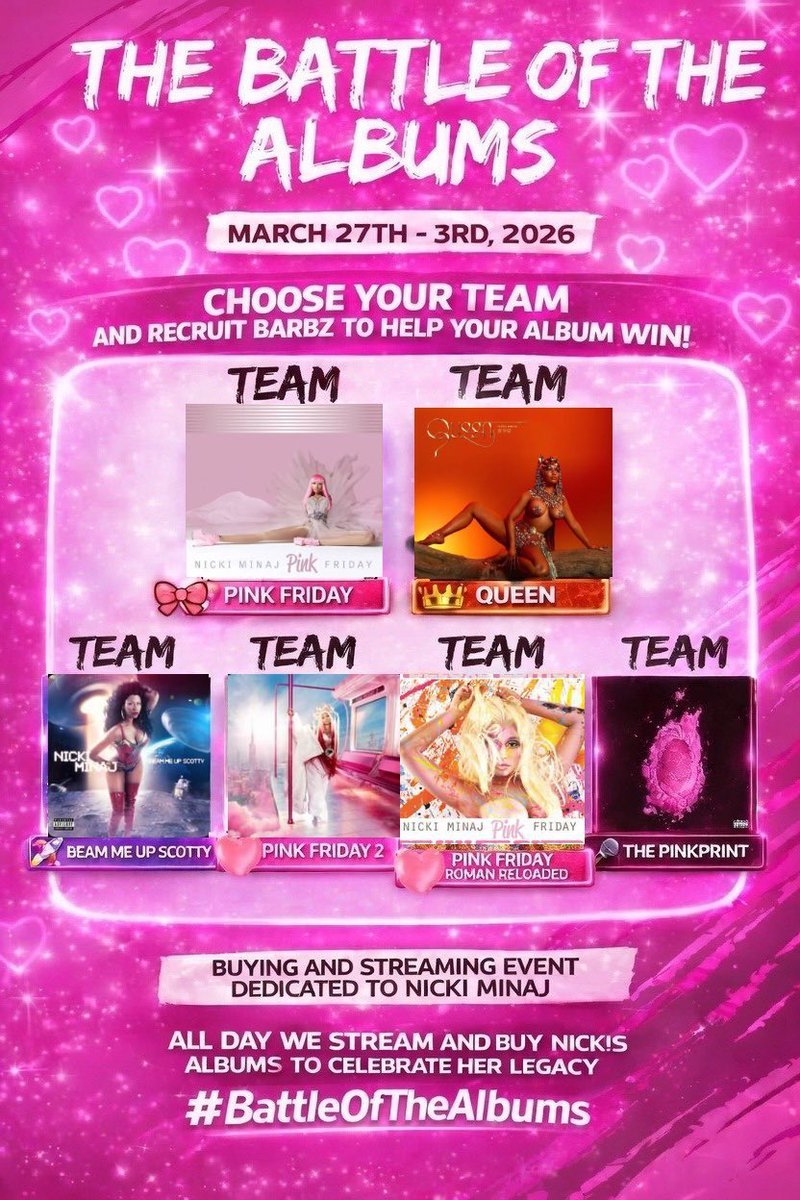 EmmyReloaded's tweet image. The Battle Of The Albums
On March 27-April 3

The Barbz are hosting a smackdown battle of the Albums.

All #BarbzXMaga It’s time to Lock In 🔐 Mark Your Calendars !!
On March 27 - April 3  We Are Having #BattleOfTheAlbum!
We Are Supporting All Of @NICKIMINAJ  Albums !  
What Team