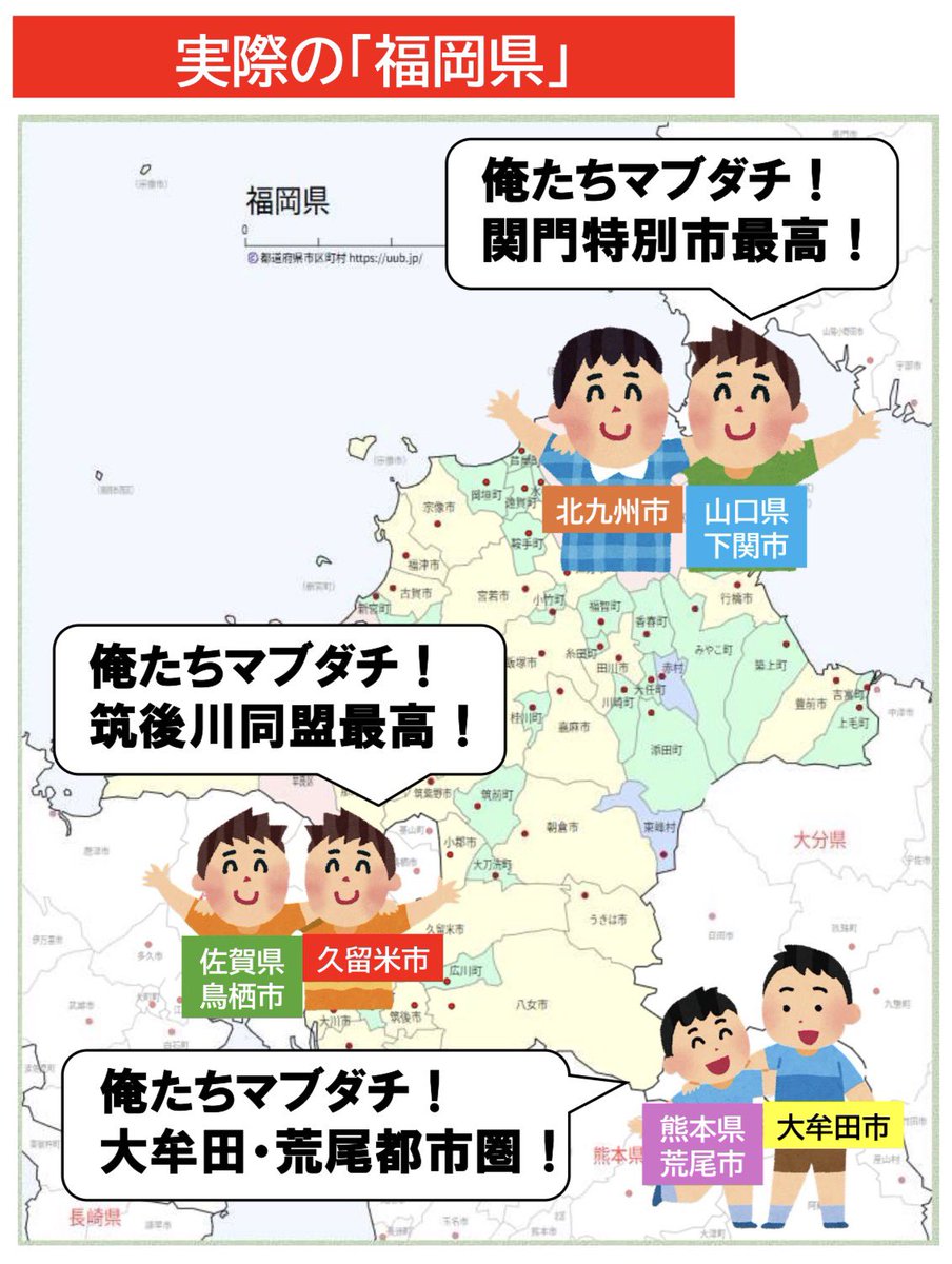 Kataage100's tweet photo. ←みんなの想像する「福岡県」
　　　　　　　　　　　実際の「福岡県」→ https://t.co/BnqojvZx85