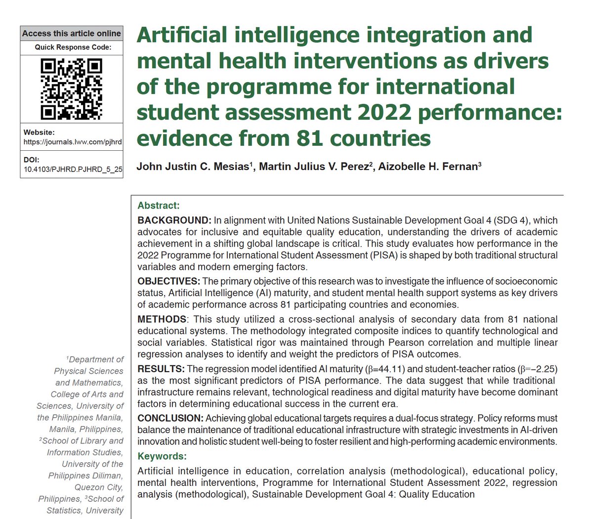 pjhrd's tweet photo. 𝐈𝐧 𝐏𝐉𝐇𝐑𝐃 𝟏𝐬𝐭 𝐈𝐬𝐬𝐮𝐞 𝟐𝟎𝟐𝟔!

Explore how AI integration and mental health interventions drive international student assessment performance across 81 countries.

Scan the QR or read: https://t.co/VDoOQd7wPg

@UPManilaOnline https://t.co/6SbEwRRzKy