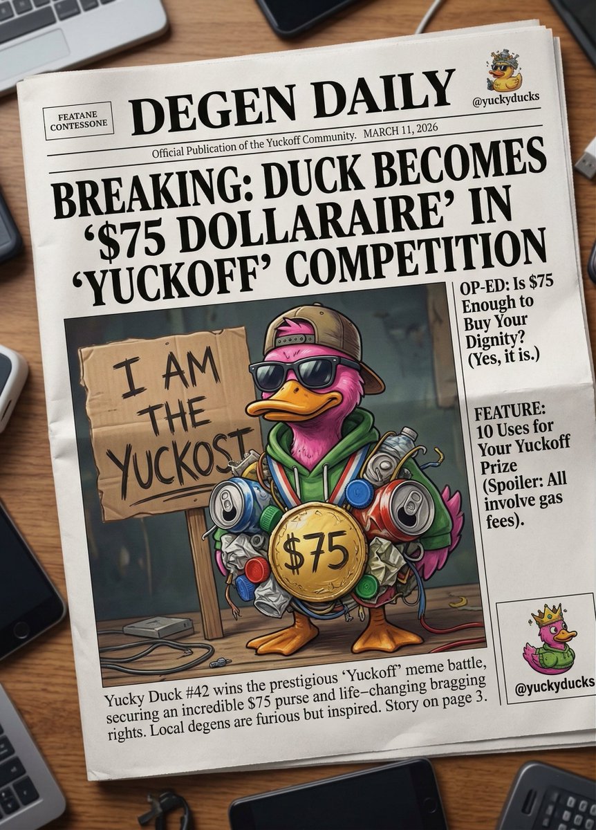 Pakapong26's tweet photo. Yuckoff time fam 🔥
THE YUCKOFF DREAMS OF A DEGEN
For this week’s meme contest… Yucky is on fire.
#YuckoffTag
@yuckyducks https://t.co/lcwYHby0MG