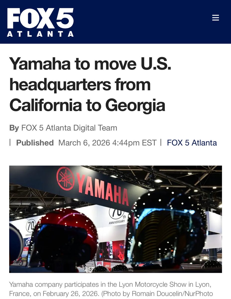 TheKevinDalton's tweet photo. Why are so many businesses desperate to flee Gavin Newsom’s world’s fifth largest economy?

After nearly 50 years, Yamaha is selling its 25-acre campus in Cypress, California, and moving its headquarters to Georgia. https://t.co/JjeKS1XSAx