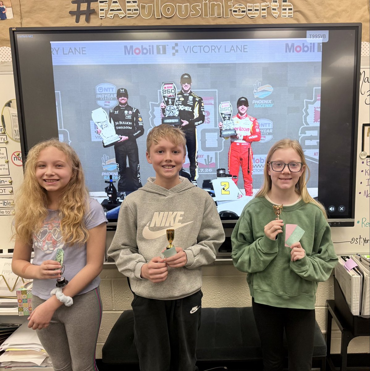 My 4th grade classes LOVE the start of <a href="/IndyCar/">NTT INDYCAR SERIES</a> season!🙌🏻🏎️

2nd Class Podium of the year! Students got their trophies &amp; payouts this morning!🥰🏁🏆💵

<a href="/KKirkwoodRacing/">Kyle M. Kirkwood</a> <a href="/josefnewgarden/">Josef Newgarden</a> <a href="/malukasdavid/">David Malukas</a> 

#FABulousinFourth