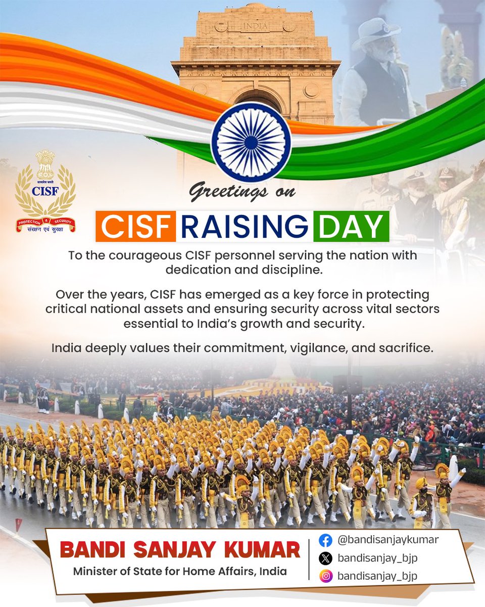 Greetings on <a href="/CISFHQrs/">CISF</a> Raising Day to the courageous CISF personnel serving the nation with dedication and discipline.

Over the years, CISF has emerged as a key force in protecting critical national assets and ensuring security across vital sectors essential to India’s growth