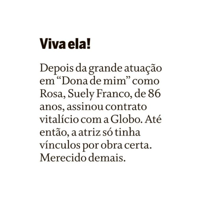 ZAMENZA's tweet photo. Que notícia incrível da Coluna Play. Suely Franco assinou contrato vitalício com a Globo, graças ao sucesso em #DonadeMim. Merece e agora que venha o troféu do Melhores do Ano. https://t.co/nxRPHkqfzs