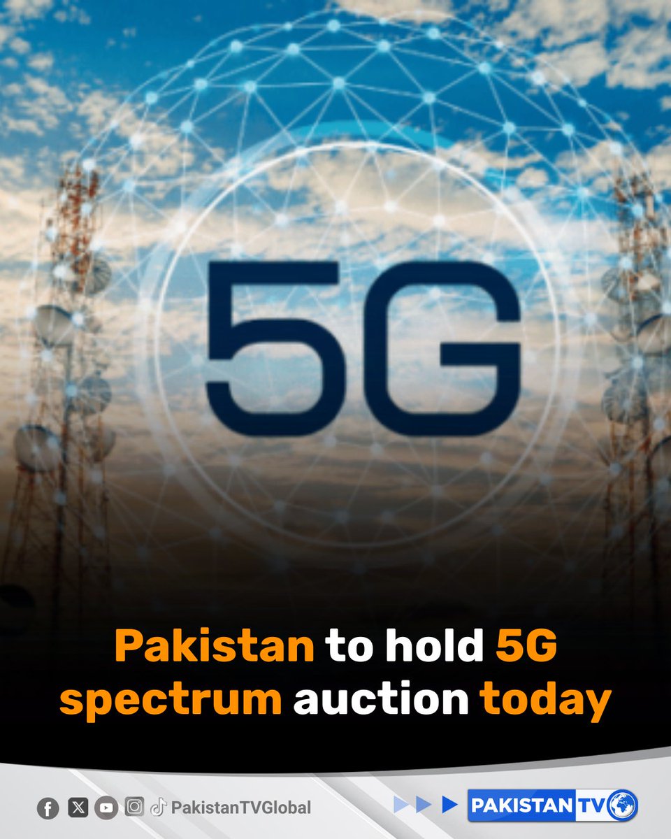 PakTVGlobal's tweet photo. Pakistan will hold its long-awaited auction for Next Generation Mobile Services (NGMS), including 5G spectrum, on Tuesday.

#5GAuction #NGMSPakistan #DigitalPakistan #TelecomSector #TechInPakistan #PakistanTV #PakistanTvglobal https://t.co/fKQLxKY1lf