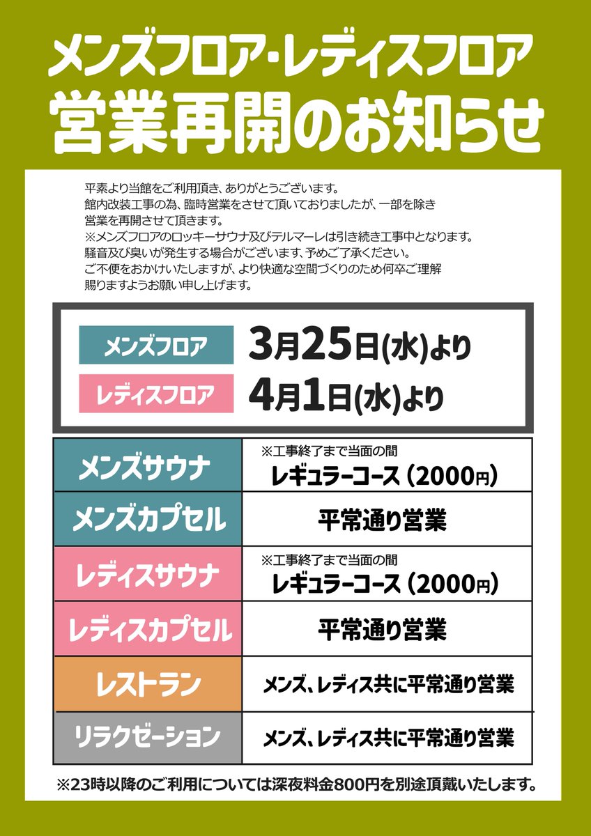 daitoyo_mens's tweet photo. 【営業再開のお知らせ】
平素より当館をご利用頂き、ありがとうございます。
館内改装工事の為、臨時営業をさせて頂いておりましたが、一部を除き営業を再開させて頂きます。

※メンズフロアのロッキーサウナ、テルマーレは引き続き工事中となります、予めご了承ください。 https://t.co/01ZCHCjbPg