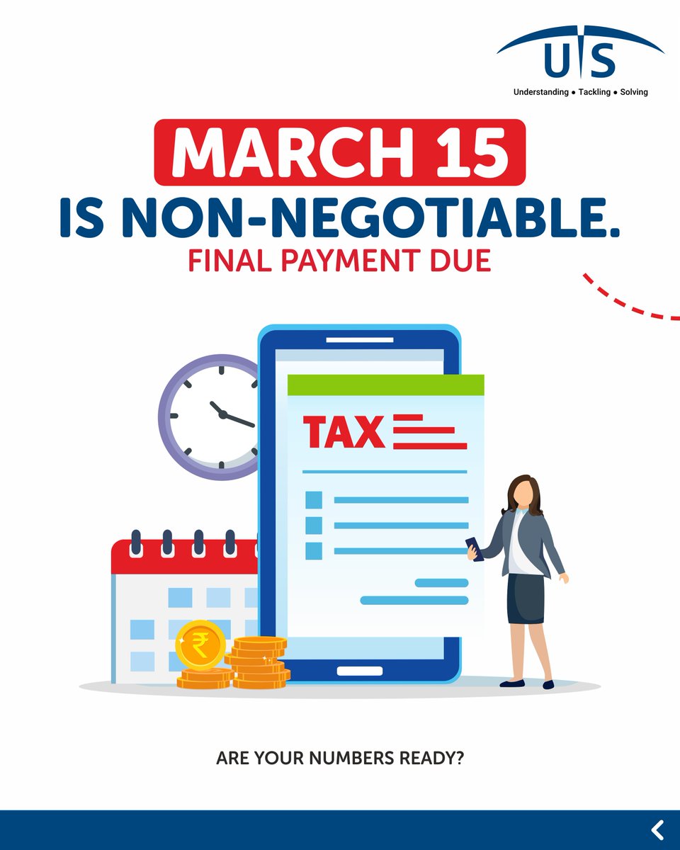 UTS_Consulting's tweet photo. March 15 is Advance Tax final installment

Smart businesses don’t rush in March.
They review, reconcile, calculate — and close confidently.
#AdvanceTax #MarchDeadline #TaxPlanning #BusinessCompliance #FinancialYearEnd #CAFirm #TaxAdvisor #BusinessOwners #FY2025_26 #UTSCS https://t.co/uOM3nv0XIB