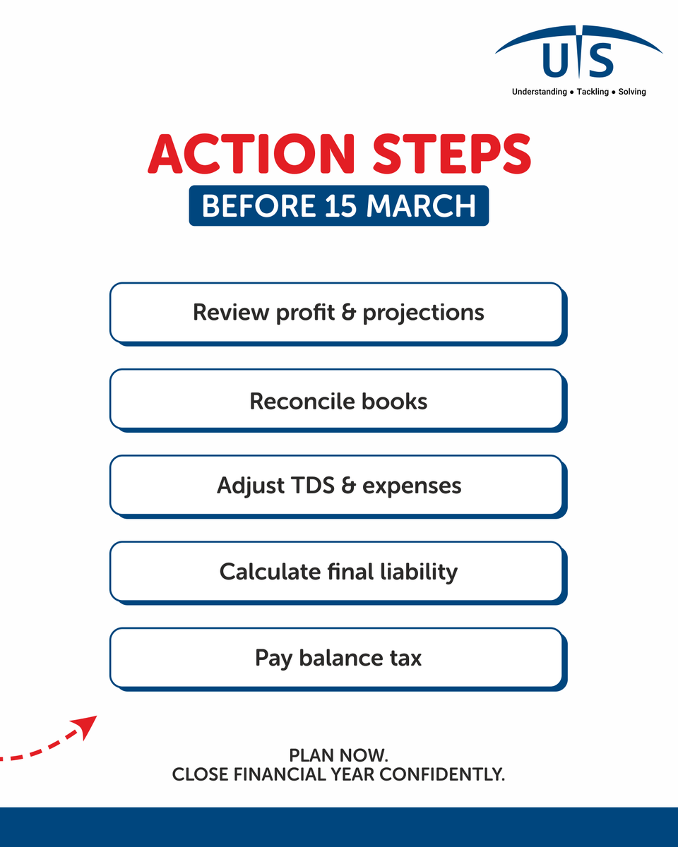 UTS_Consulting's tweet photo. March 15 is Advance Tax final installment

Smart businesses don’t rush in March.
They review, reconcile, calculate — and close confidently.
#AdvanceTax #MarchDeadline #TaxPlanning #BusinessCompliance #FinancialYearEnd #CAFirm #TaxAdvisor #BusinessOwners #FY2025_26 #UTSCS https://t.co/uOM3nv0XIB