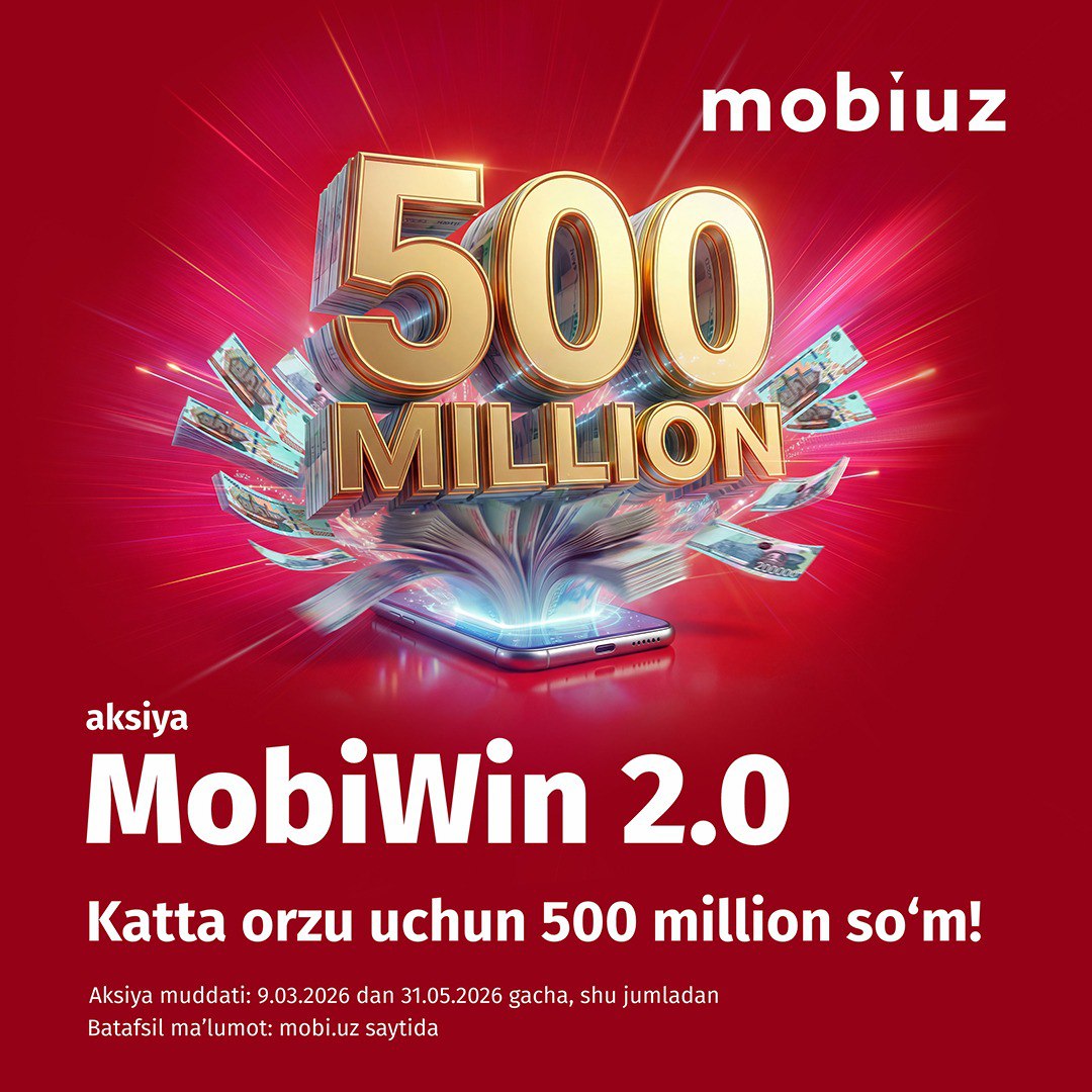 Mobiuz bilan birga pul sovrinlarini yutib oling va orzuingizni amalga oshiring! "MobiWin 2.0" aksiyasi start oldi! 
Mobiuz ilovasini (s.mobi.uz/asii) yuklab oling, ball to‘plang va g‘olib bo‘lish imkoniyatingizni oshiring.