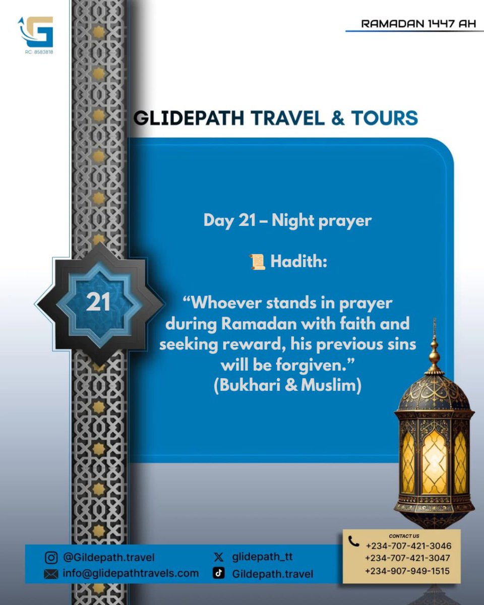 glidepath_tt's tweet photo. Day 21 – Night prayer

📜 Hadith:
“Whoever stands in prayer during Ramadan with faith and seeking reward, his previous sins will be forgiven.”
(Bukhari &amp; Muslim)
#Ramadan #LaylatulQadr #Islam #umrah https://t.co/fGMNLmx8O4