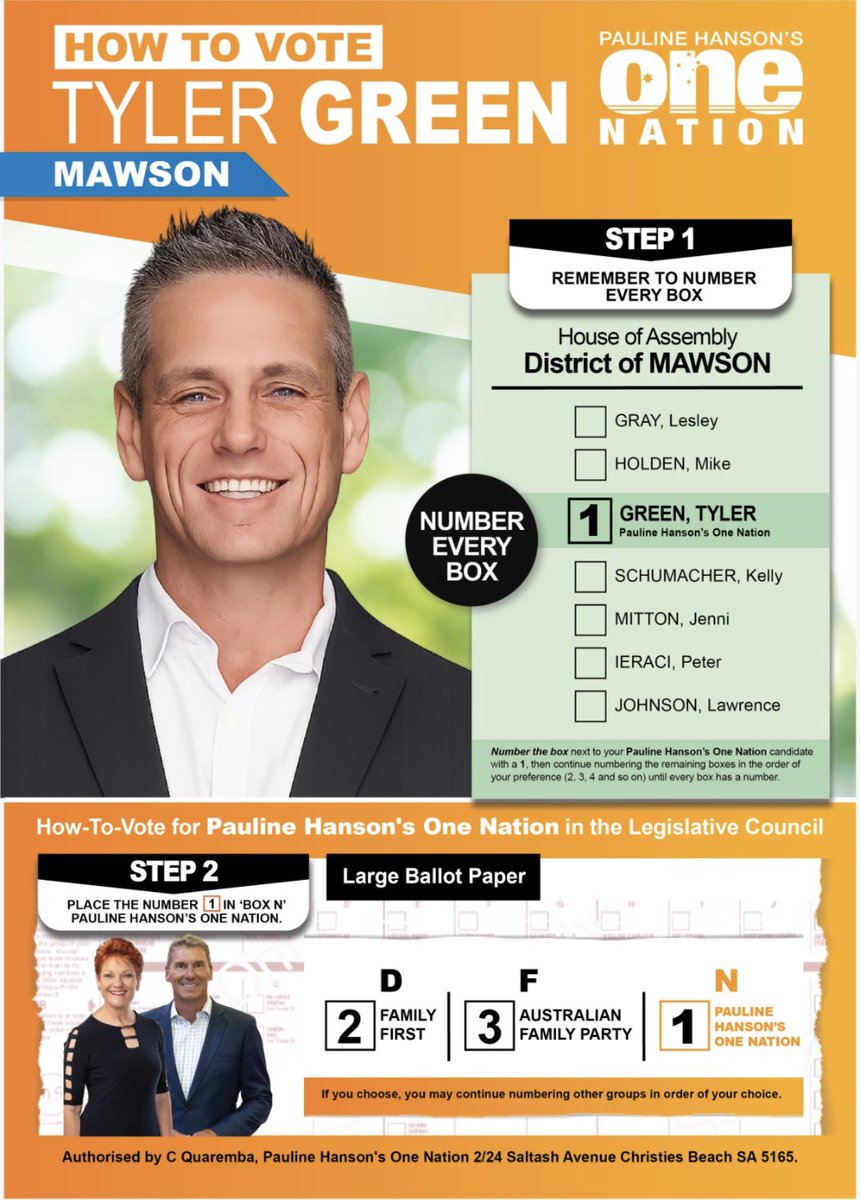 We didn’t make preference deals with Labor and we didn’t make preference deals with the Liberals. One Nation believes in standing on its own two feet. If you want to see and feel real change in Mawson, please put 1 next to Tyler Green and THEN NUMBER EVERY OTHER BOX TO MAKE YOUR