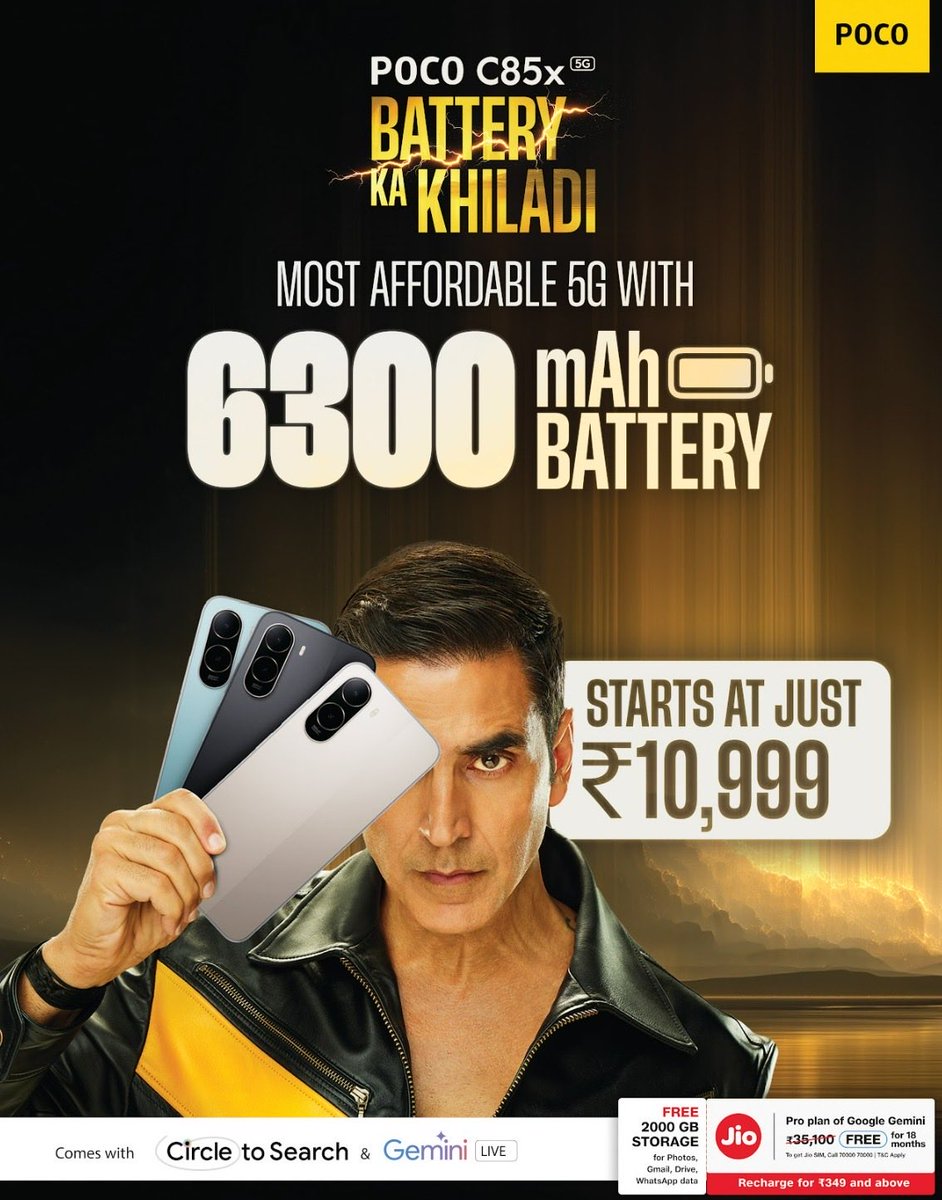 IndiaPOCO's tweet photo. Battery Ka Khiladi has arrived to change the power game! 

Meet the POCO C85x 5G, built for those who refuse to slow down.

A massive 6300mAh battery to keep you going longer, paired with blazing 5G speed to keep you ahead.

 The wait is over!! Available at lowest price https://t.co/6ZieoQYBEx