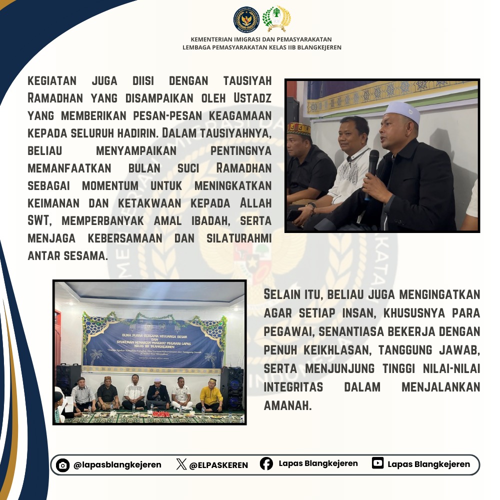 ELPASKEREN's tweet photo. Berbagi Takjil dan Buka Puasa Bersama Keluarga Besar serta Syukuran Kenaikan Pangkat Pegawai Lapas Kelas IIB Blangkejeren

#Kemenimipas
#Pemasyarakatan
#DitjenpasAceh
#LapasBlangkejeren https://t.co/XGwzmZxAh0