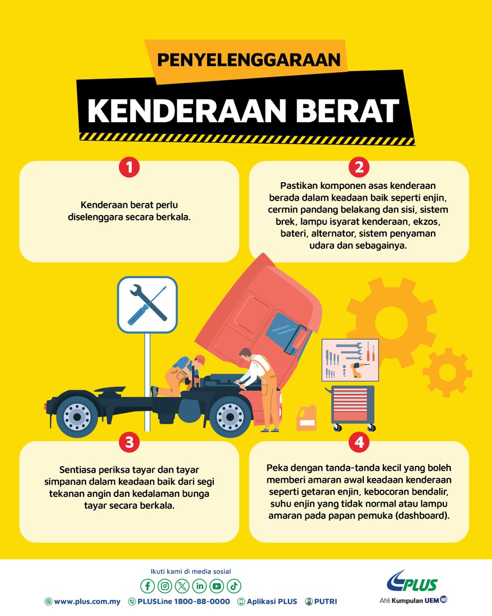 plus2u's tweet image. Kenderaan berat, tanggungjawab lebih besar di jalan raya. 🚛

Pastikan kenderaan anda sentiasa diselenggara dengan baik – periksa enjin, tayar dan komponen penting sebelum memulakan perjalanan.

Kenderaan terjaga, perjalanan lebih selamat.

#TipPerjalananSelamat
#PLUS_Safety