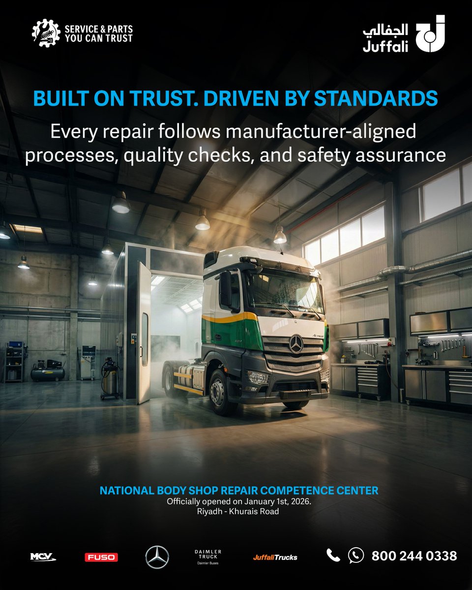 MBTrucksKSA's tweet photo. من إصلاح الهيكل إلى الطلاء النهائي، كل خطوة محسوبة عشان ترجع المركبة جاهزة للتشغيل مو للتجربة.
From structural repair to final paint finish, every step is designed to return vehicles ready for operation, not trial.

#ReliableExperts #ServiceYouCanTrust #JCV #Juffali https://t.co/mGCbWcgXJl