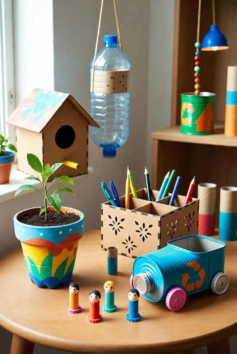 comoserecicla's tweet image. Magia con reciclaje! 🌿♻️ Macetero colgante de botella, casita para pájaros de cartón, tren de latas, organizador con flores recortadas y muñequitos de pin. Todo hecho en casa con materiales reutilizados. ¡Crea, juega y cuida el planeta con los peques! 💚✨ #ReciclajeCreativo
