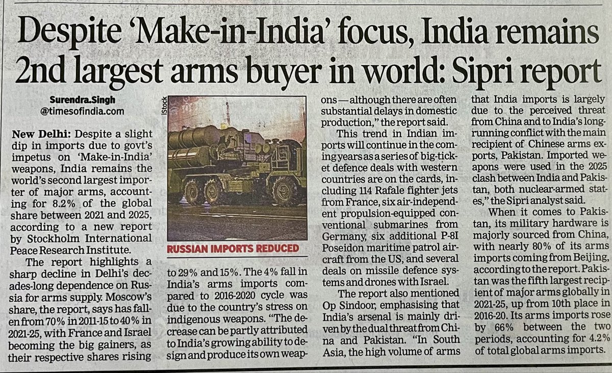 Stress on Indian weapon creat a 4%
fall in India’s arm imports compared to 2016-20. Russian share falls from 70% in 2011-15 to 40% in 2021-25, France and Israel are the gainers with 29%&amp; 15%.