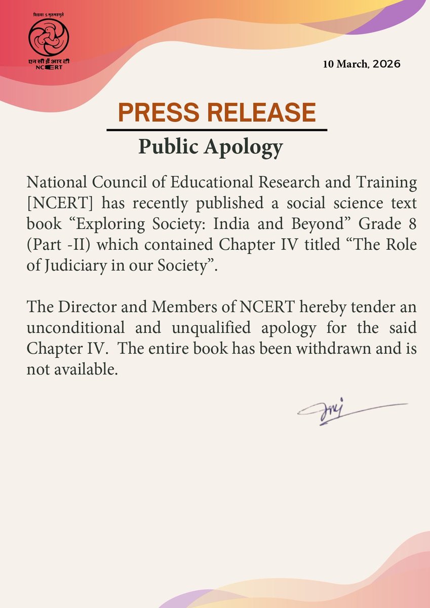 LiveLawIndia's tweet image. After Supreme Court’s contempt notice, NCERT issues public apology for publishing chapter on judicial corruption in Class 8 text book.

CJI Surya Kant had expressed dissatisfaction with the earlier NCERT statement expressing regret for the publication.

#SupremeCourt #NCERT