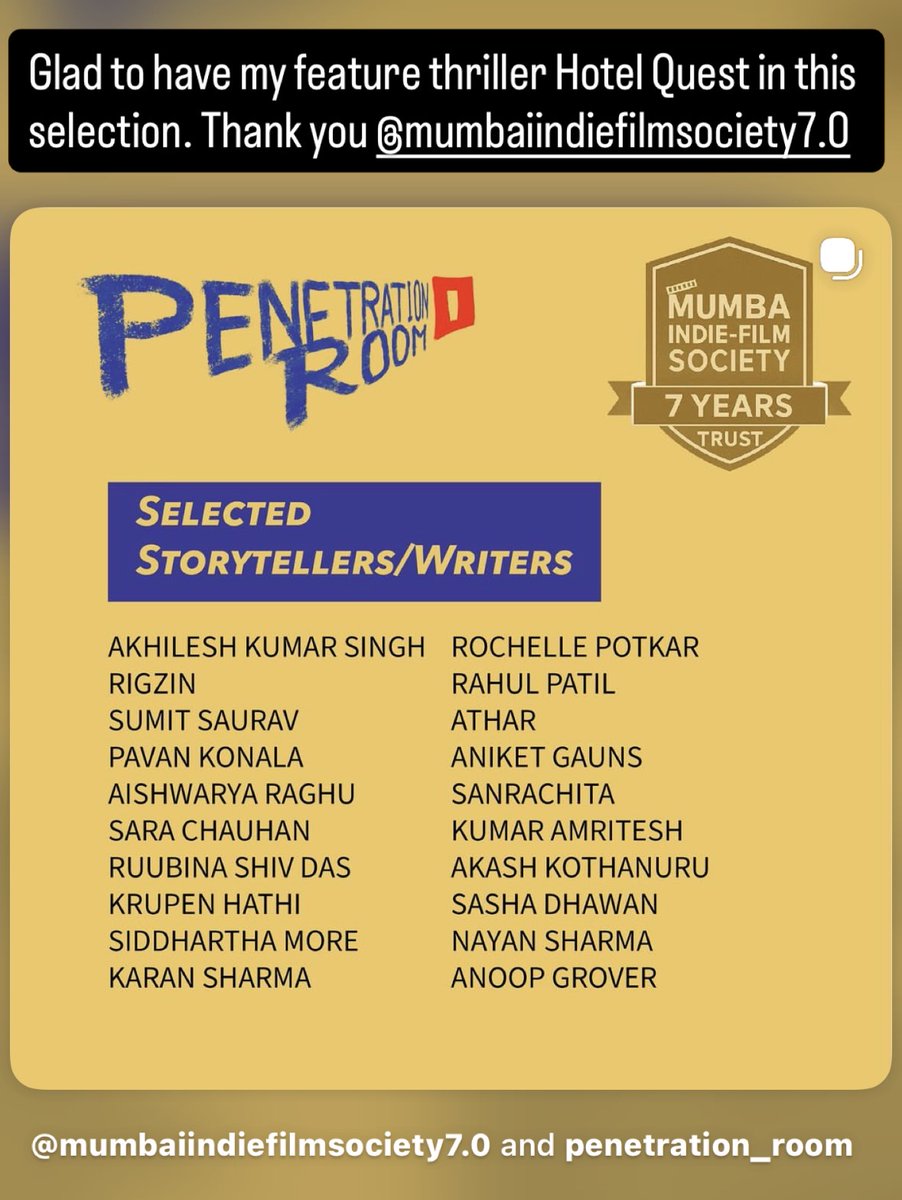 rochellepotkar's tweet image. Wonderful to have my feature thriller film script 'Hotel Quest' selected by the Mumbai Film Society, for the Penetration Room, heading toward the Honeypot Base Campaign prize.

[Trying to not get literal about this. Metaphorical will do :).]

#scripts #films #stories
