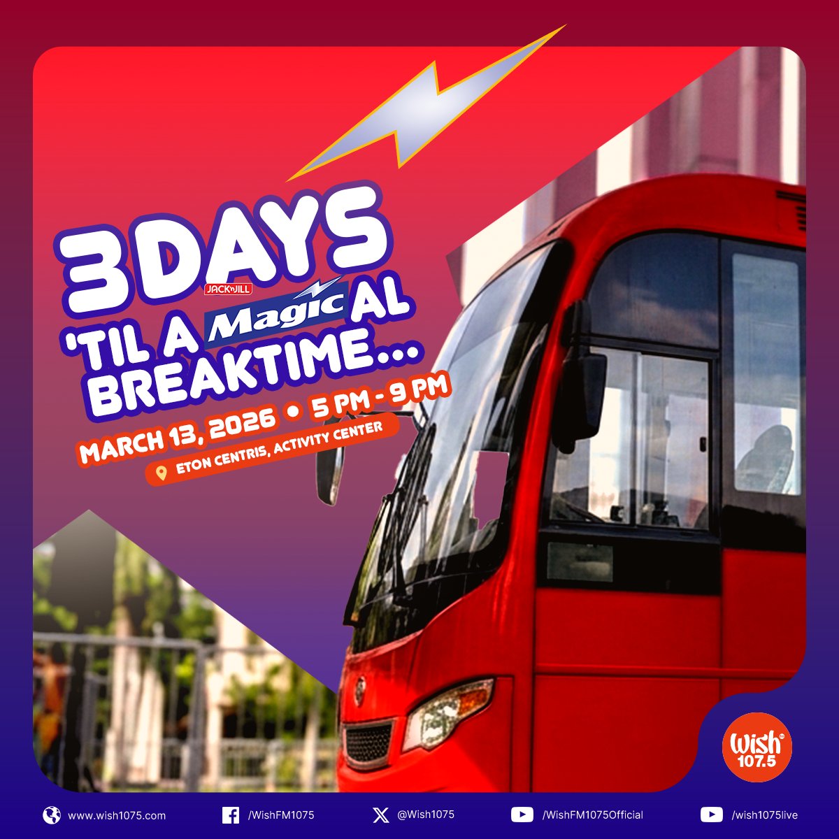 wish1075's tweet photo. The countdown begins. 3 days 'til a MAGICal breaktime ⚡️
March 13, 2026 • 5 PM-9 PM • Eton Centris, Activity Center
#BastaBreaktimeMagic #WishKongBreaktimeWithMagic https://t.co/4PnGKxY1Tz