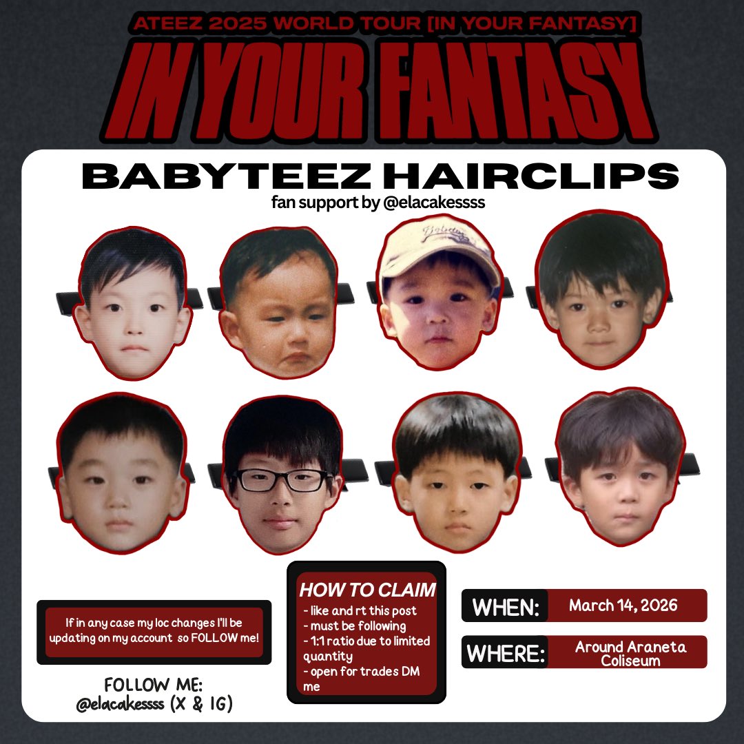 elacakessss's tweet photo. ATEEZ IN YOUR FANTASY IN MANILA GAN SUPPORT BY @elacakessss

🌹BABYTEEZ HAIRCLIPS🌹

𑣲 mbf, like,&amp; rt
𑣲 limited quantity 1:1 ratio
𑣲 dm me for trades
𑣲 will be posting my loc on dday

#InYourFantasy_MNL 
#ATEEZinMANILA https://t.co/6lBDM9ysnM