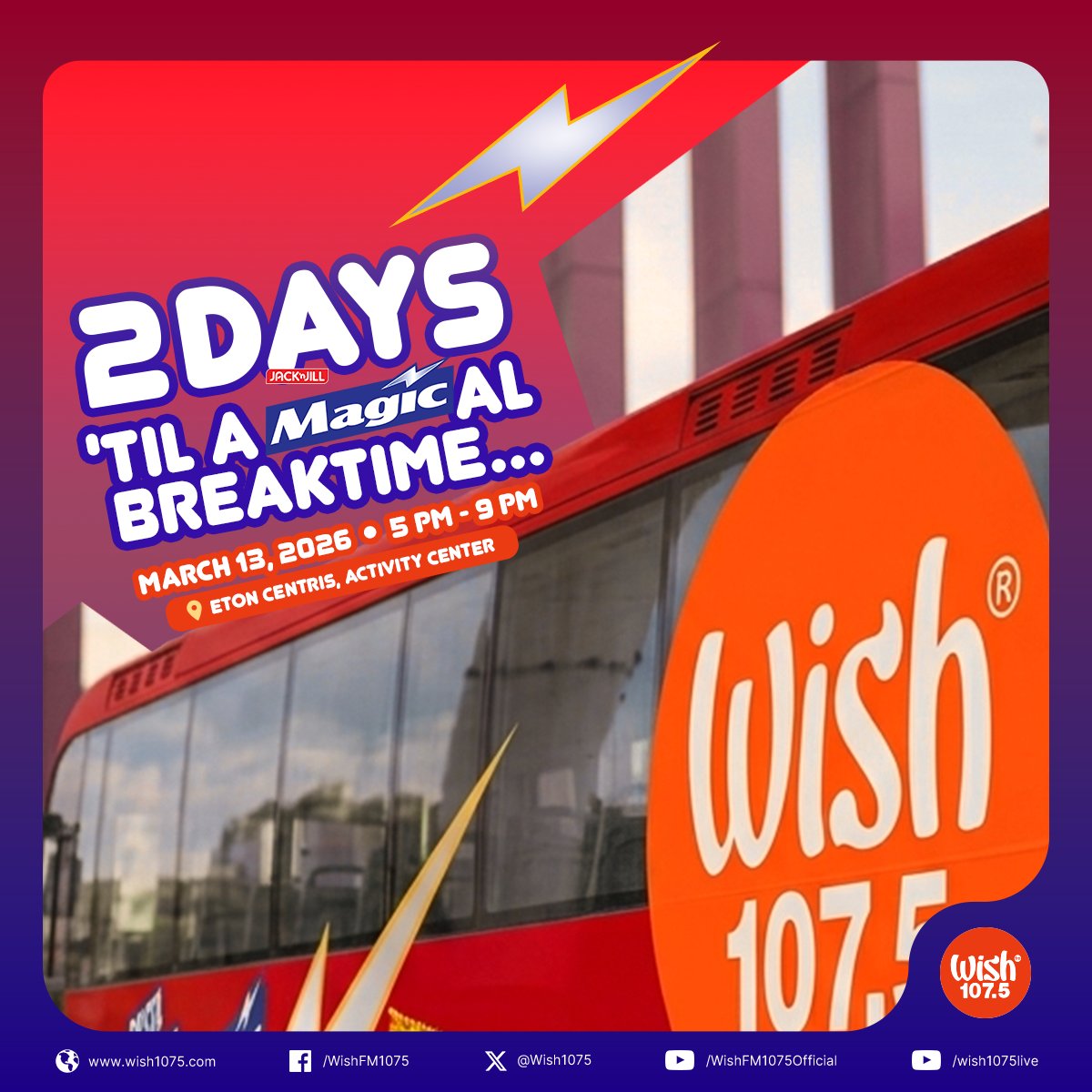 wish1075's tweet photo. 2 days 'til a MAGICal breaktime ⚡️
March 13, 2026 • 5 PM-9 PM • Eton Centris, Activity Center
#BastaBreaktimeMagic #WishKongBreaktimeWithMagic https://t.co/QlqV58diOU