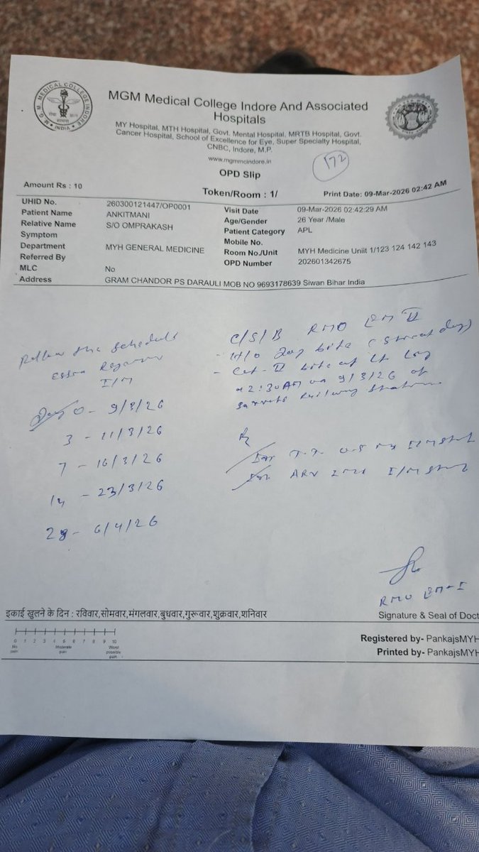 AnkitManiTiwar9's tweet photo. On the night of 9 March, near Platform No. 1 flyover at Indore Junction, I was bitten by stray dogs while simply walking and searching for a room. I am attaching photos of the injuries and medical reports. https://t.co/jnoJU436Mw