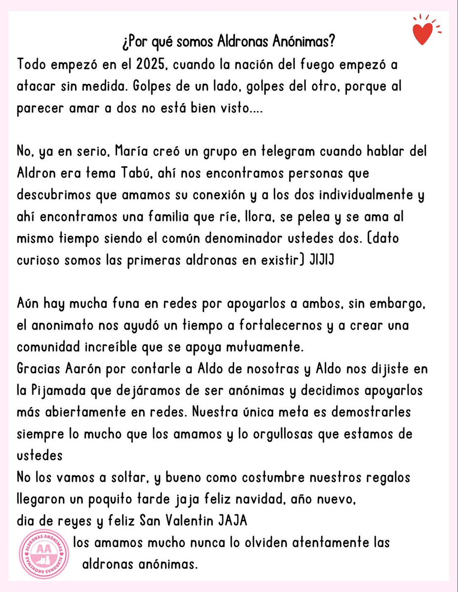¿Por qué somos anónimas? Una de las cartas que les mandamos a Aldo y Aarón 🥹

#aldoXAaron
