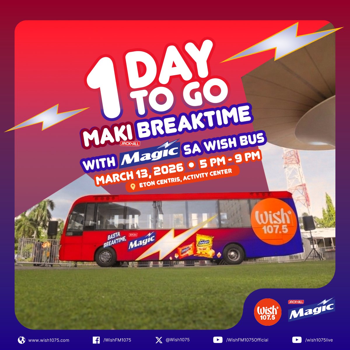 wish1075's tweet photo. Bukas na!⚡️MAKI-breaktime with Magic sa Wish Bus.
March 13, 2026 • 5 PM-9 PM • Eton Centris, Activity Center
#BastaBreaktimeMagic #WishKongBreaktimeWithMagic https://t.co/cTpcNFUK1v