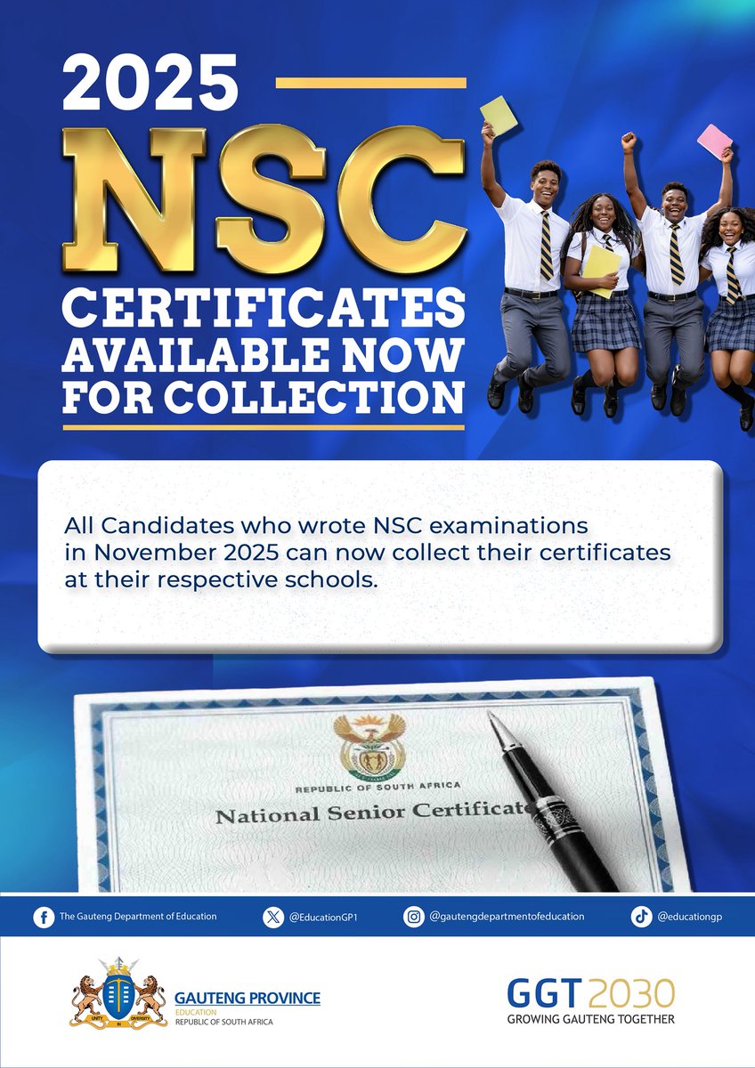 EducationGP1's tweet image. It’s official: Your 2025 National Senior Certificate (NSC) is NOW AVAILABLE for collection from today! 📜✨

If you wrote your exams in November 2025, head over to your respective school TODAY to pick up your certificate. Keep this crucial document safe, it’s your key to tertiary