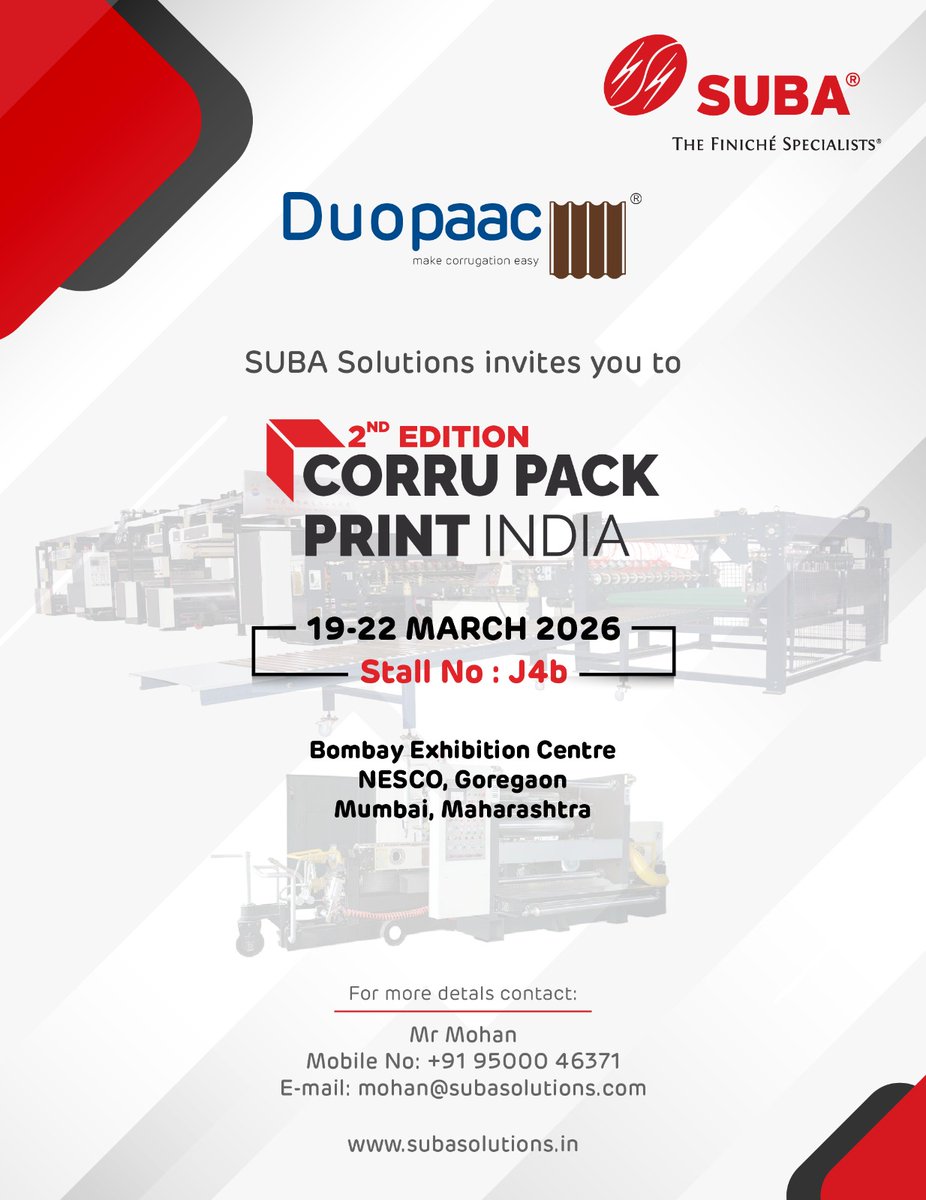 We are delighted to invite you to visit us at Corru Pack Print India Expo 2026.

📅 Date: 19 – 22 March 2026
📌 Hall no: 6 Stall No: J4B

For any queries, feel free to connect with us:
📞 +91-98849 99585
📧 marketing@subasolutions.com
🌐 subasolutions.in