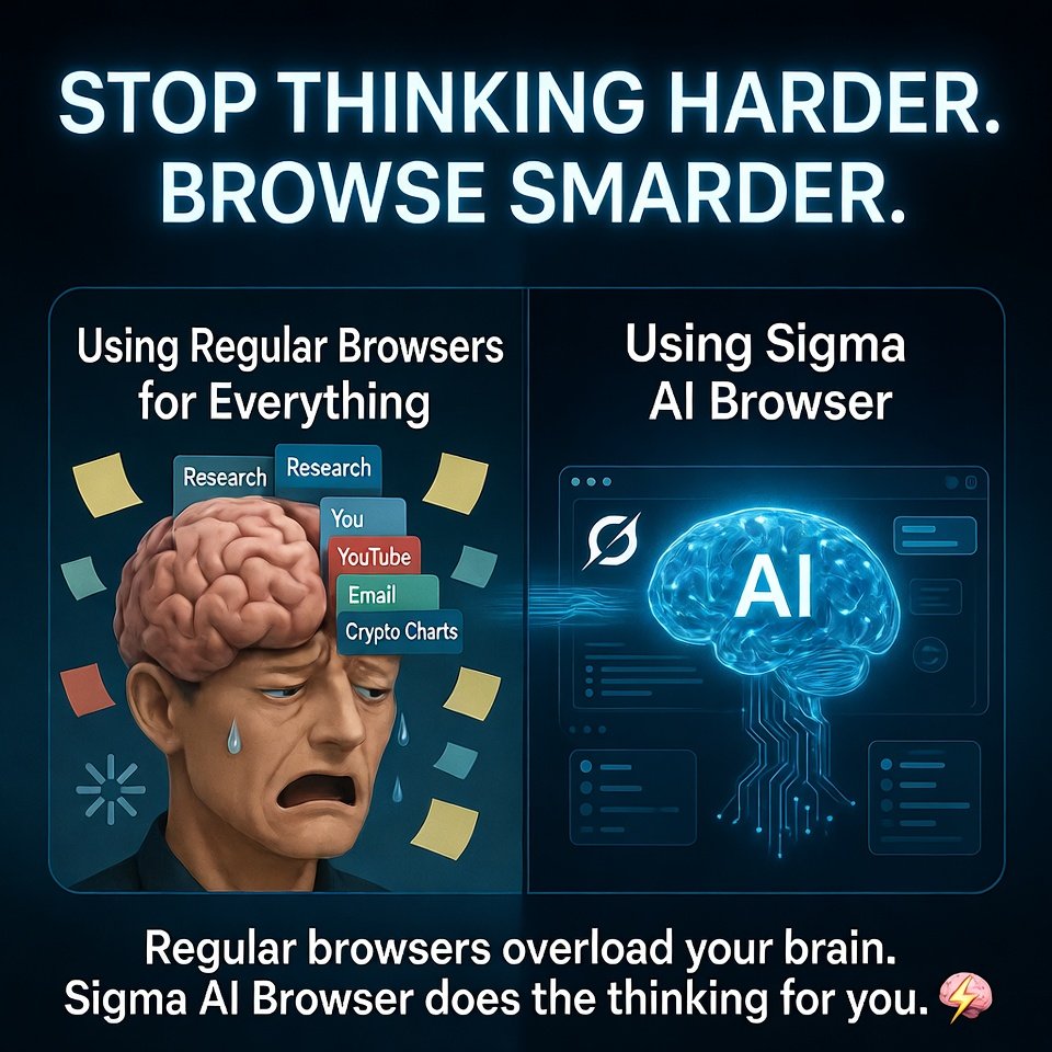 ZAYLIAGRACE's tweet photo. Too many tabs, too much thinking, and regular browsers start to struggle. 🧠💭
@Sigma_Browser an AI Browser changes the game.
Built with AI to organize, process, and handle your workflow smarter and faster. ⚡🚀
Browse smarter, not harder.
#SigmaAI #AIBrowser #Web3 #CryptoTech https://t.co/3ce1JdLAMb