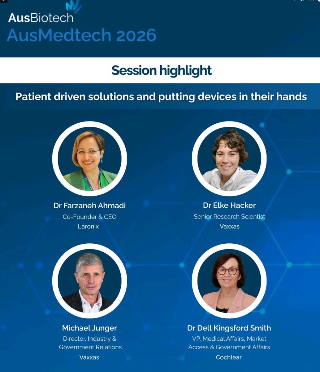 laronixinc's tweet photo. We are delighted for our CEO, Dr. Farzaneh Ahmadi, to be a panelist in #Ausmedtech2026, Australia's flagship Medtech conference.

Thanks you @AusBiotech for having us.

Friends in Medtech, hope to see you all at #AusMedTech2026 in #Perth, 19-21 May 2026! https://t.co/F0vF7rLV0A