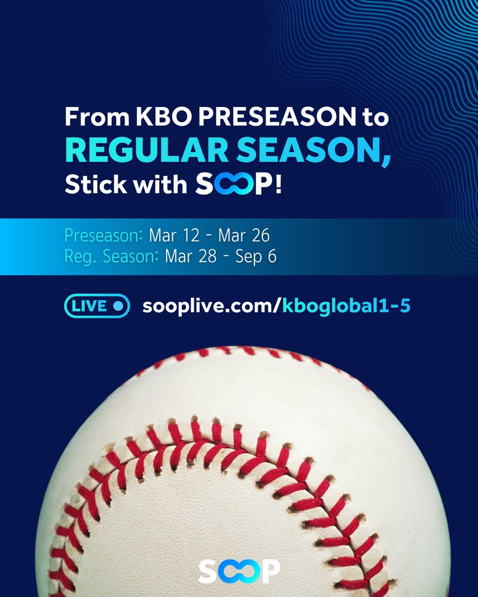 SOOP_EN's tweet photo. 해외에 계시는 KBO 팬여러분, 2026년에도 SOOP에서 KBO 무료로 시청하세요! 
KBO season is back—and we’ve got you covered from warm-ups to the final out. ⚾️🔥

Catch KBO Preseason (Mar 12–Mar 26) and stay with us through the Regular Season (Mar 28–Sep 6) on SOOP.

🌍 KBO fans outside Korea: 
Watching KBO is FREE.
Yes—free. Bring your friends. 😉

Watch live: https://t.co/eTc5P2lLkY
https://t.co/37bu24rgsC
https://t.co/7JTLM2lLxv
https://t.co/OSeNZTNjng
https://t.co/fw2lqoyxak 

#KBO #Baseball #SOOP