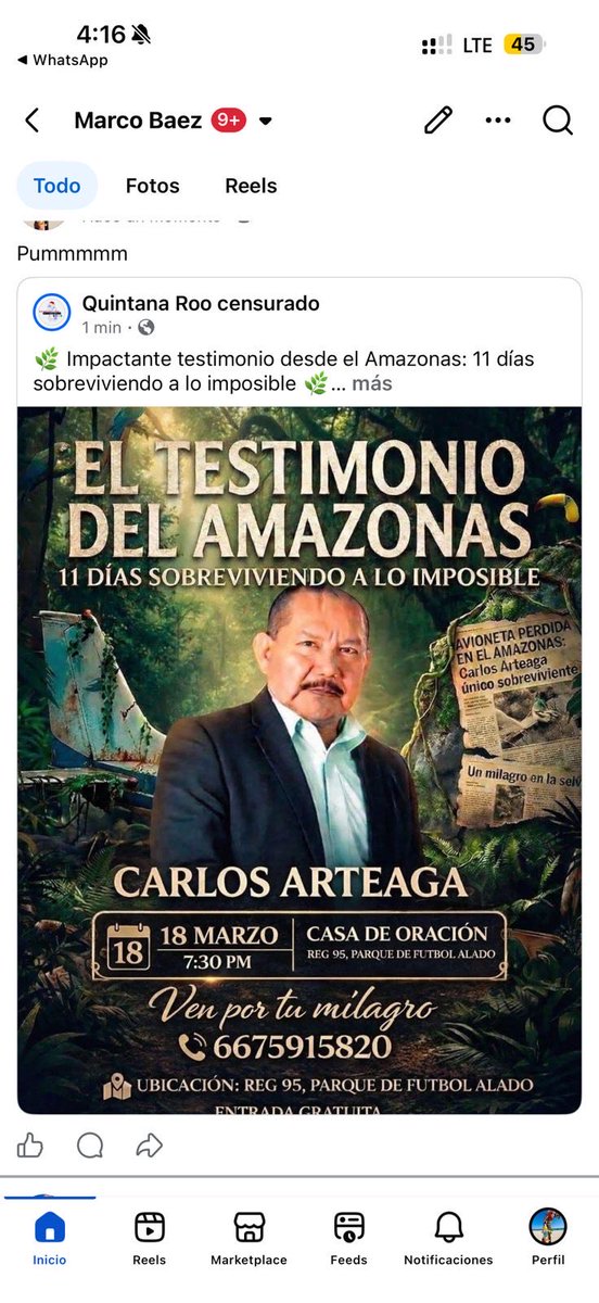 Con el cuerpo destrozado, Carlos Arteaga sobrevivió a desplome de avión y a 11 días en la selva del Amazonas. 
Dios lo salvó y el  martes 18 de marzo te contará como lo hizo en el Parque de Fútbol, alado de la Calle 105 , entre las calles 16 y 22 de la Región 95 de Cancún.