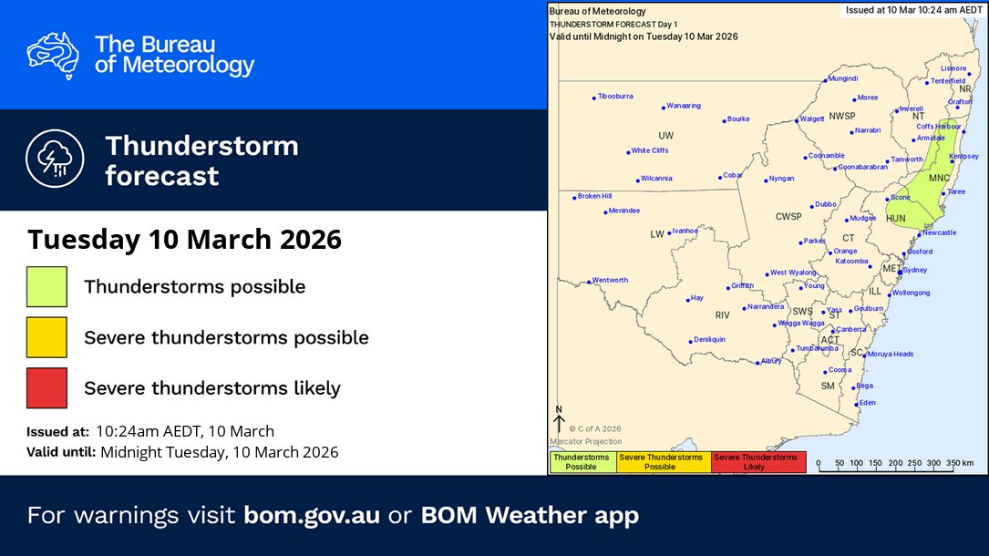 BOM_NSW's tweet image. ⛈️Today's #NSW thunderstorm forecast (10/3):
🟢Thunderstorms possible for parts of the #Hunter, #MidNorthCoast and adjacent #NorthernRanges this afternoon. Thunderstorms not expected to be severe and may bring localised light to moderate falls.