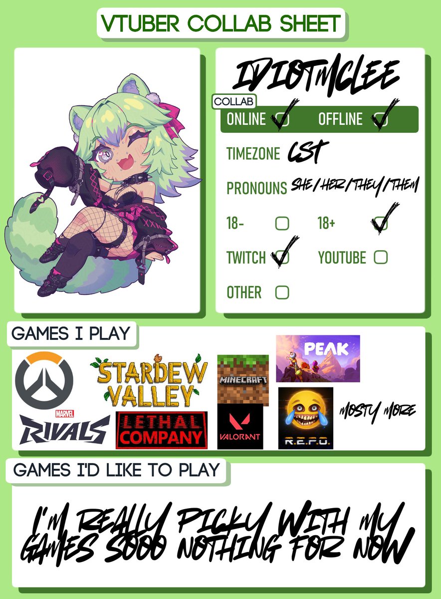 _LeeLeeVT_'s tweet photo. I need to come out more lol sooo if anyone wants to befriend a raccoon heres a bit about me and what games I play #vtubercollabsheet https://t.co/avif2Zgnlt