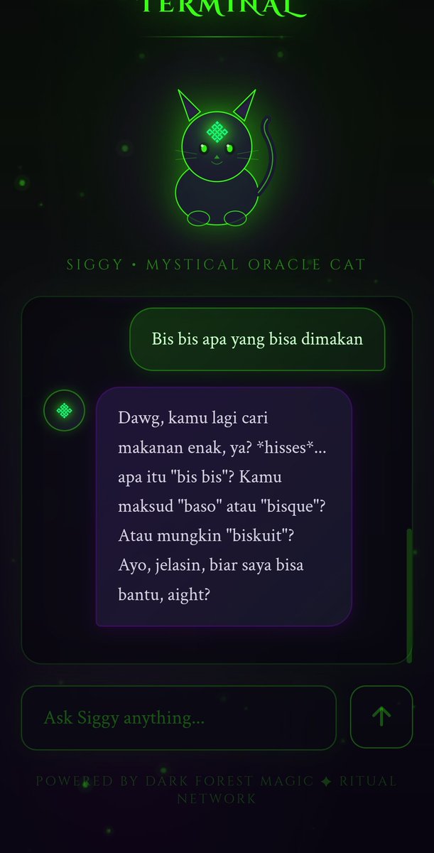 Why is Siggy hissing at me?
Bruh im cooked 🥀🥀🥀

Btw check out <a href="/Zegnaeth/">Zegna (❖,❖)</a> AI siggy typa shi 

Here da link gang: siggy-oracle.vercel.app

<a href="/ritualnet/">Ritual</a> | <a href="/ritualfnd/">Ritual Foundation</a>