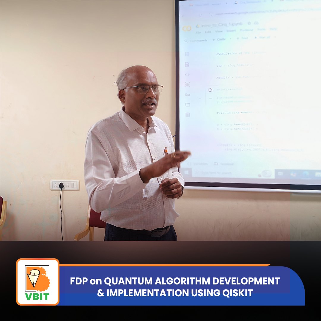 VBITHYD's tweet photo. The Department of Computer Science and Engineering (Data Science), VBIT, successfully organized a Faculty Development Program on “Quantum Algorithm Development and Implementation using Qiskit” on 7th March 2026.
#VBIT #CSEDataScience #FacultyDevelopmentProgram #QuantumComputing https://t.co/B20skb1w3w