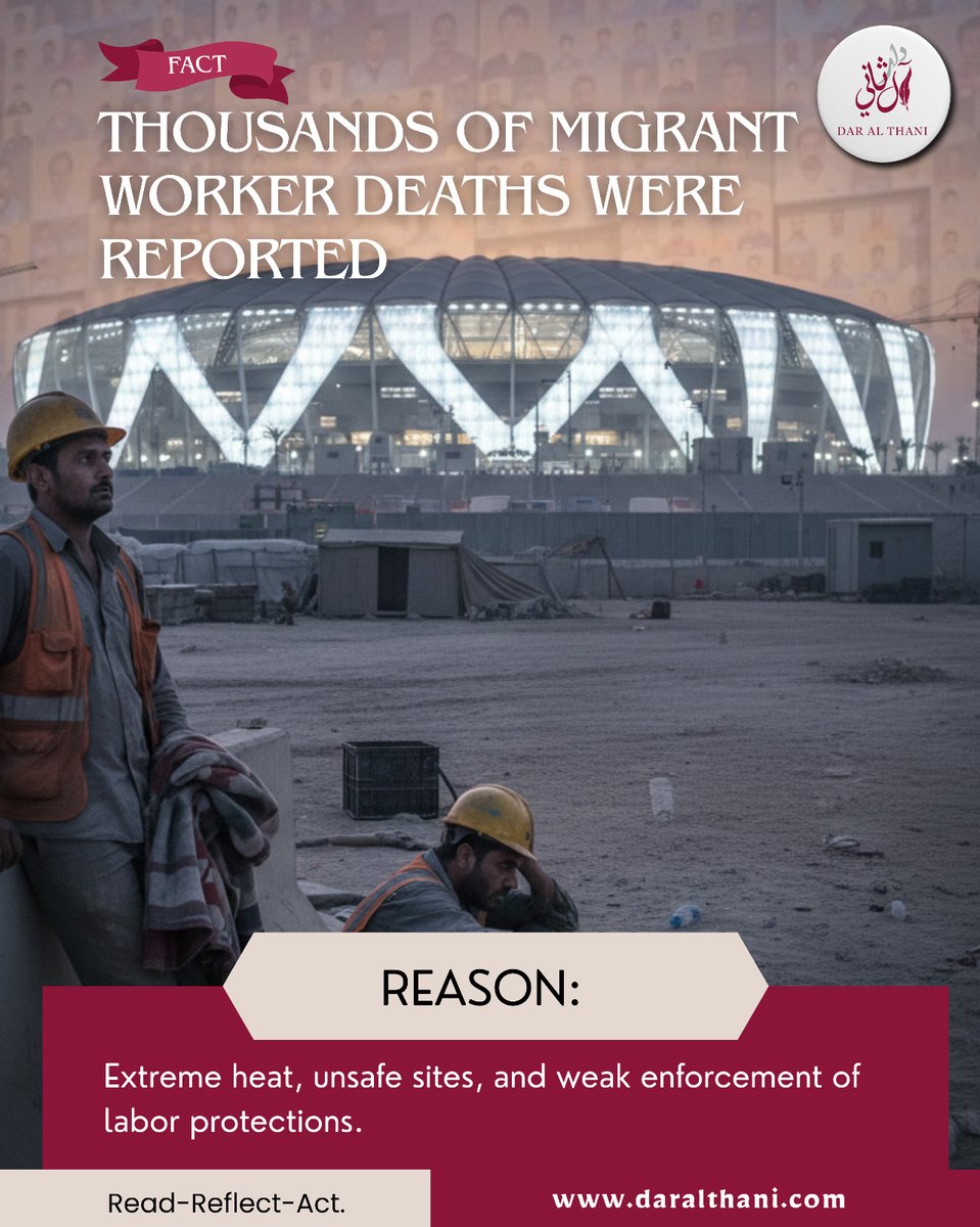 dar_althani's tweet photo. Behind the 2022 FIFA World Cup were millions of migrant workers whose labor built the stadiums. Their contribution deserves dignity, rights, and fair working conditions. ⚖️🏗️
 
#HumanRights
#MigrantWorkers
#WorkersDignity
#FairLabor
#ProtectWorkers https://t.co/BYZj4pyfAH