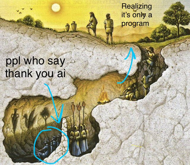 Whenever ai shows signs of a personality I find it bizarre - it’s a machine, a tool, not a companion - if it seems so that’s because another human being programmed it to be that way. 

I’m reminiscent of Plato’s allegory of the cave. In this case, to treat ai as human by showing