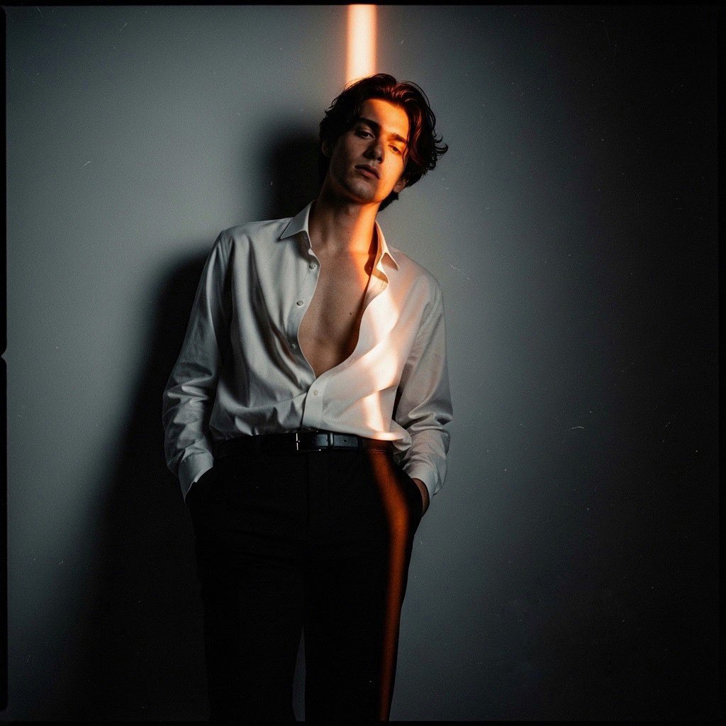 Let energy flows 

Prompt: 
Experimental 16mm cinematic portrait, underground art film aesthetic.
Young male model with medium-length dark textured hair.

He is standing upright but leaning slightly back against the wall, shoulders relaxed. Both arms lowered, one hand loosely