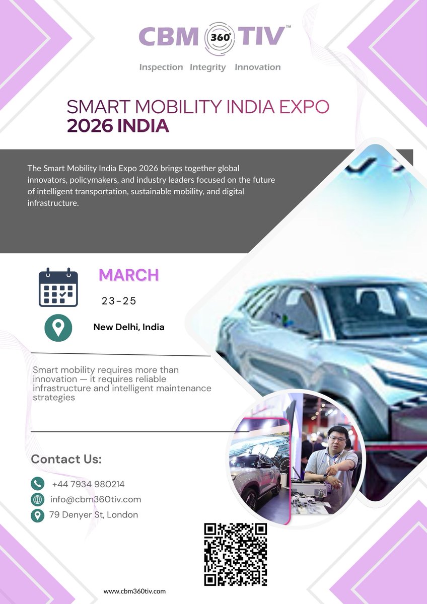 360Cbm58372's tweet photo. #SmartMobilityIndia Expo 2026 |
Mar 23–25 |
New Delhi
📞 +44 7934 980214
Smart mobility depends on reliable infrastructure.
#CBM360TIV is tracking innovations in:
• Intelligent transport systems
• EV infrastructure monitoring
• Infrastructure integrity inspection
• Predictive maintenance for mobility assets
Mobility innovation requires infrastructure reliability.
https://t.co/86tTvEKYnZ
#SmartMobilityIndia #SmartTransport #PredictiveMaintenance #Infrastructure #AssetIntegrity #SmartCities #Engineering #DigitalTransformation #CBM360TIV